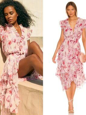 MISA Los Angeles Dakota Pink Floral Ruffle Midi Dress XS
